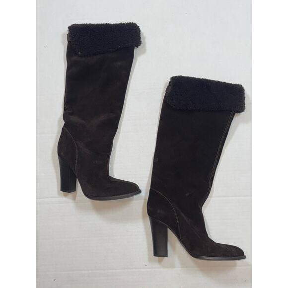 JCrew J Crew Davos Gomma Brown Knee High Suede Leather Boots Women 8 Sherpa Cuff - Picture 2 of 7